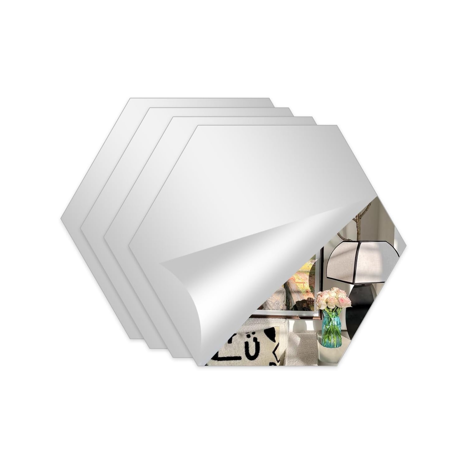 Abyssaly Acrylic Hexagon Mirror Tiles, 4 Pack, mirror silver hexagon panel