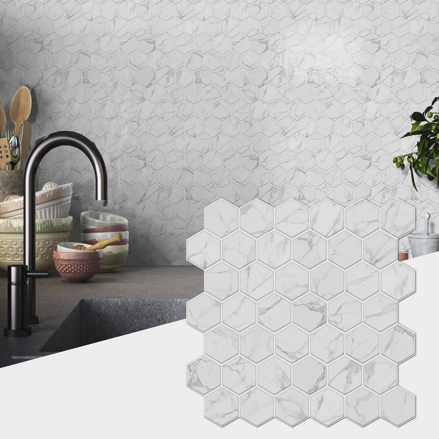 Alwayspon White Marble Hexagon Tile Stickers, 10 Pack, white marble hexagon panel
