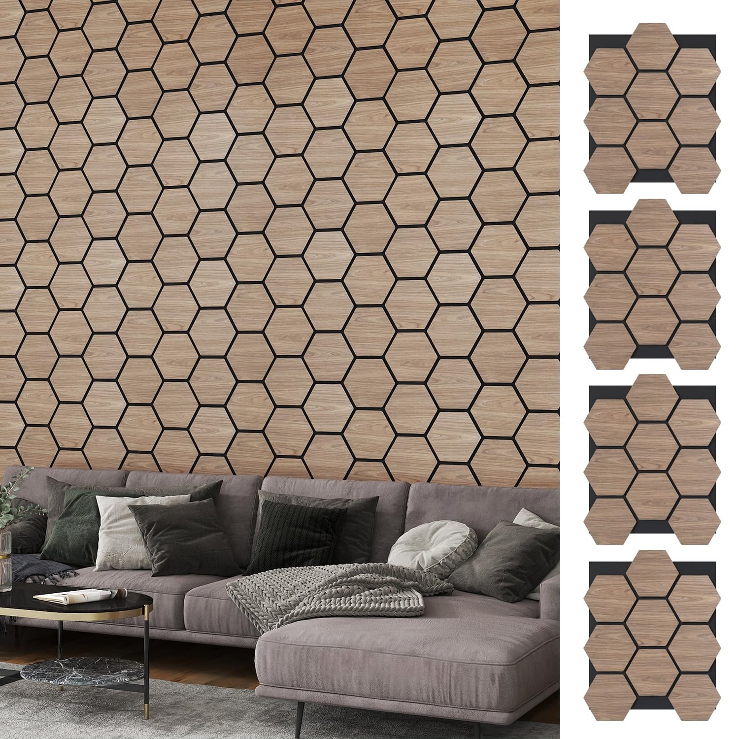 COSTWAY Wooden Hexagon Acoustic Wall Panel, 4 Pack, natural wood hexagon panel
