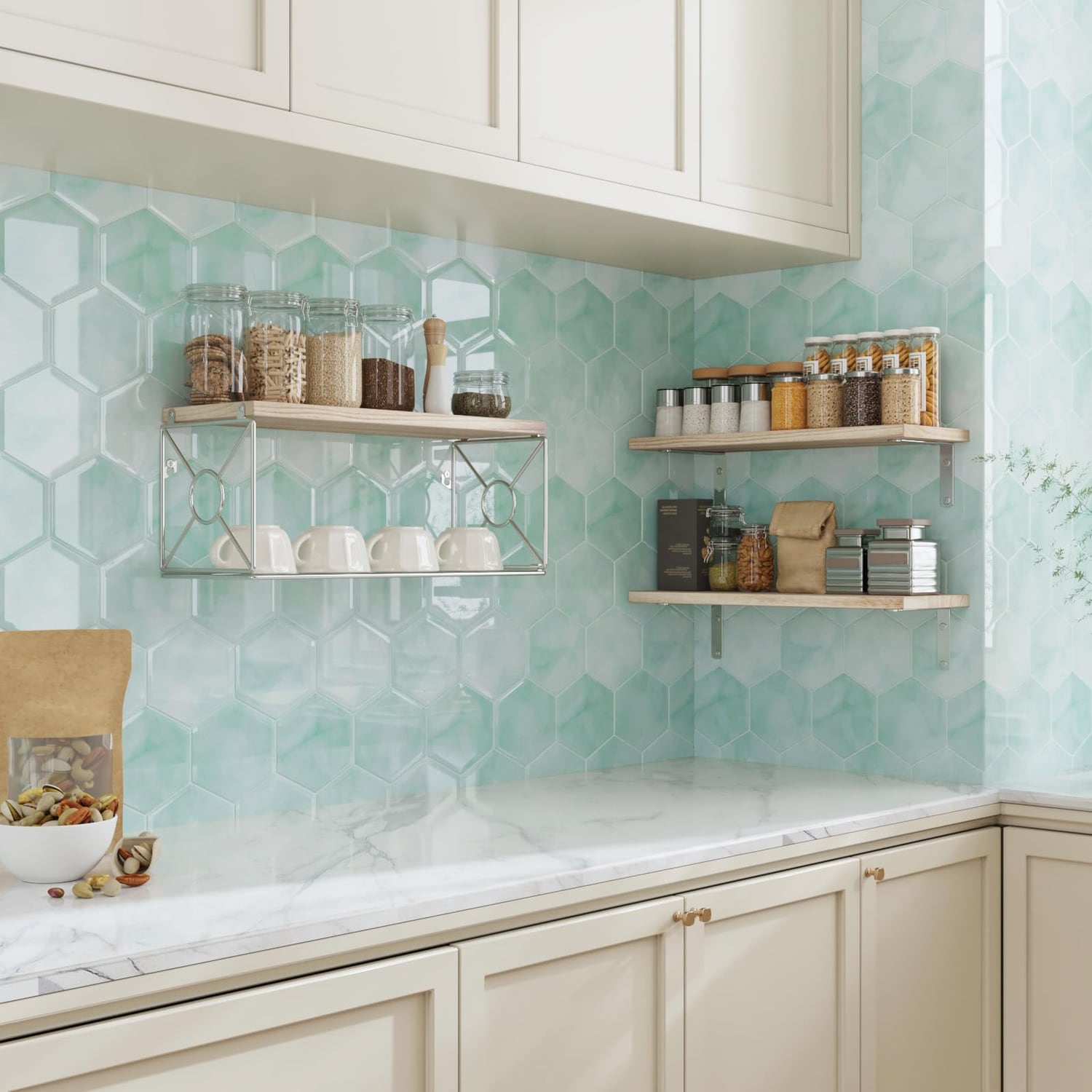 CRE8TIVE Hexagon Tile Stickers, Mint Green, 4 Pack, mint green hexagon panel