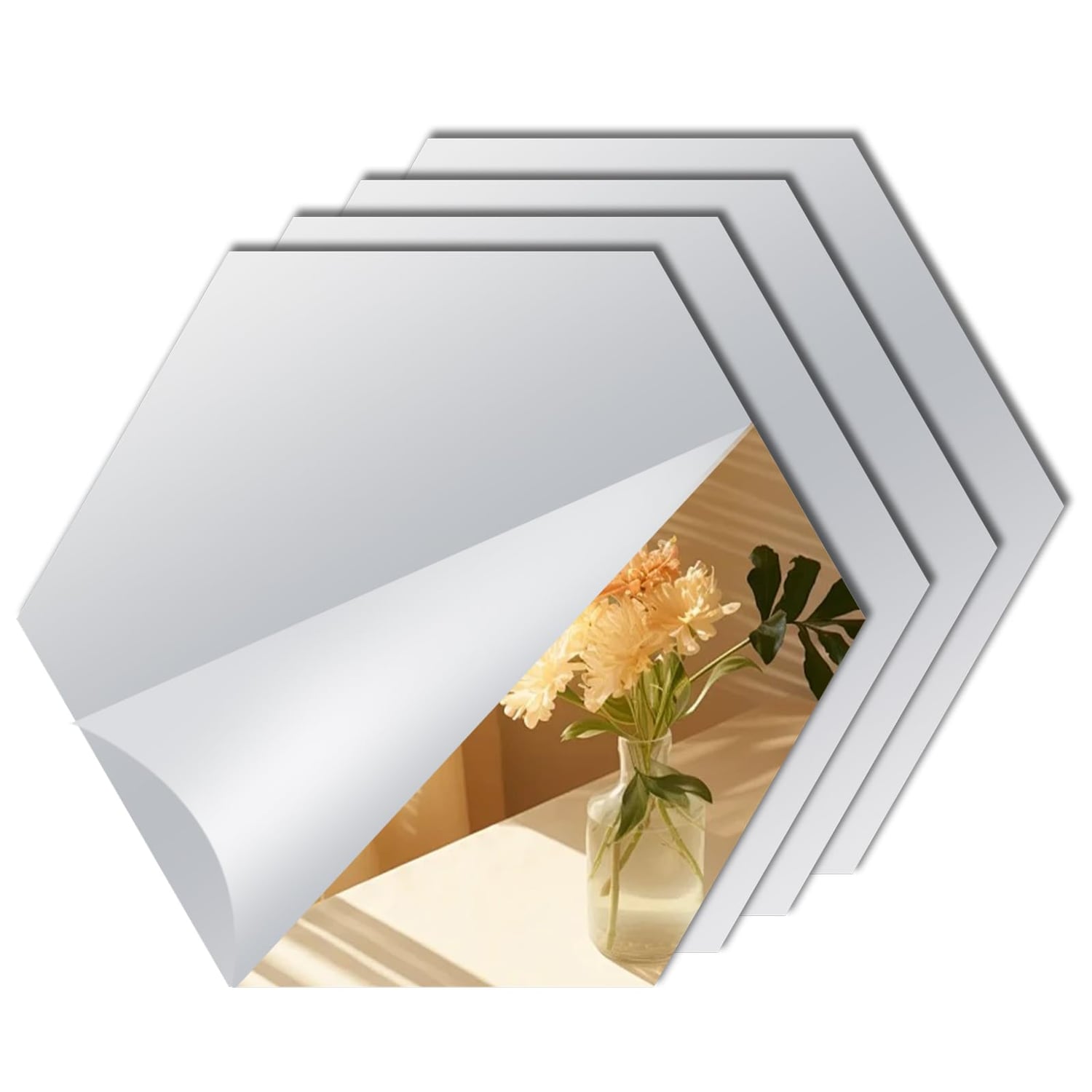 Decoroom Acrylic Hexagon Mirror Stickers, 4 Pack, mirror silver hexagon panel