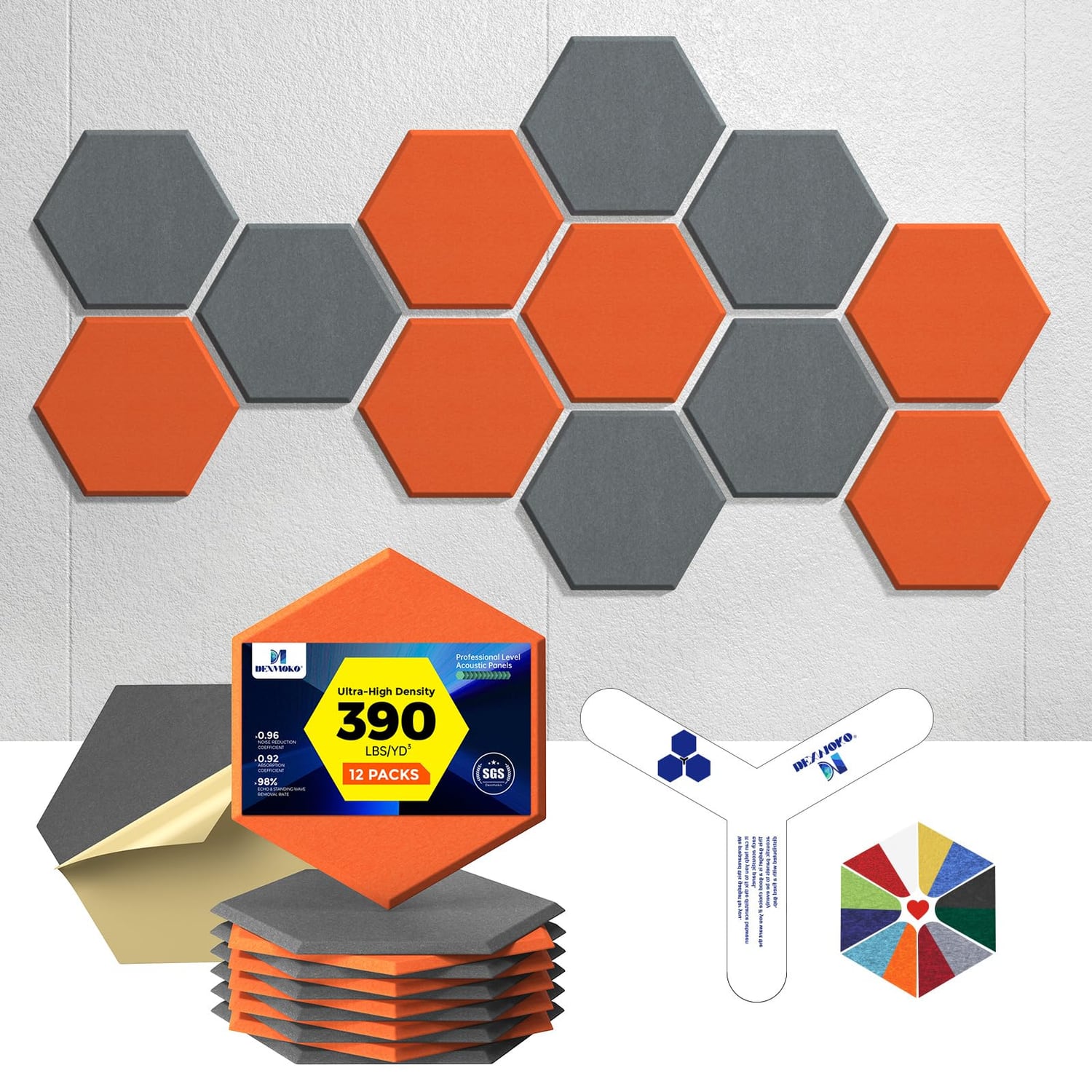 Dexmoko Acoustic Panels, Orange & Grey, 12 Pack (2nd Generation), orange & grey hexagon panel