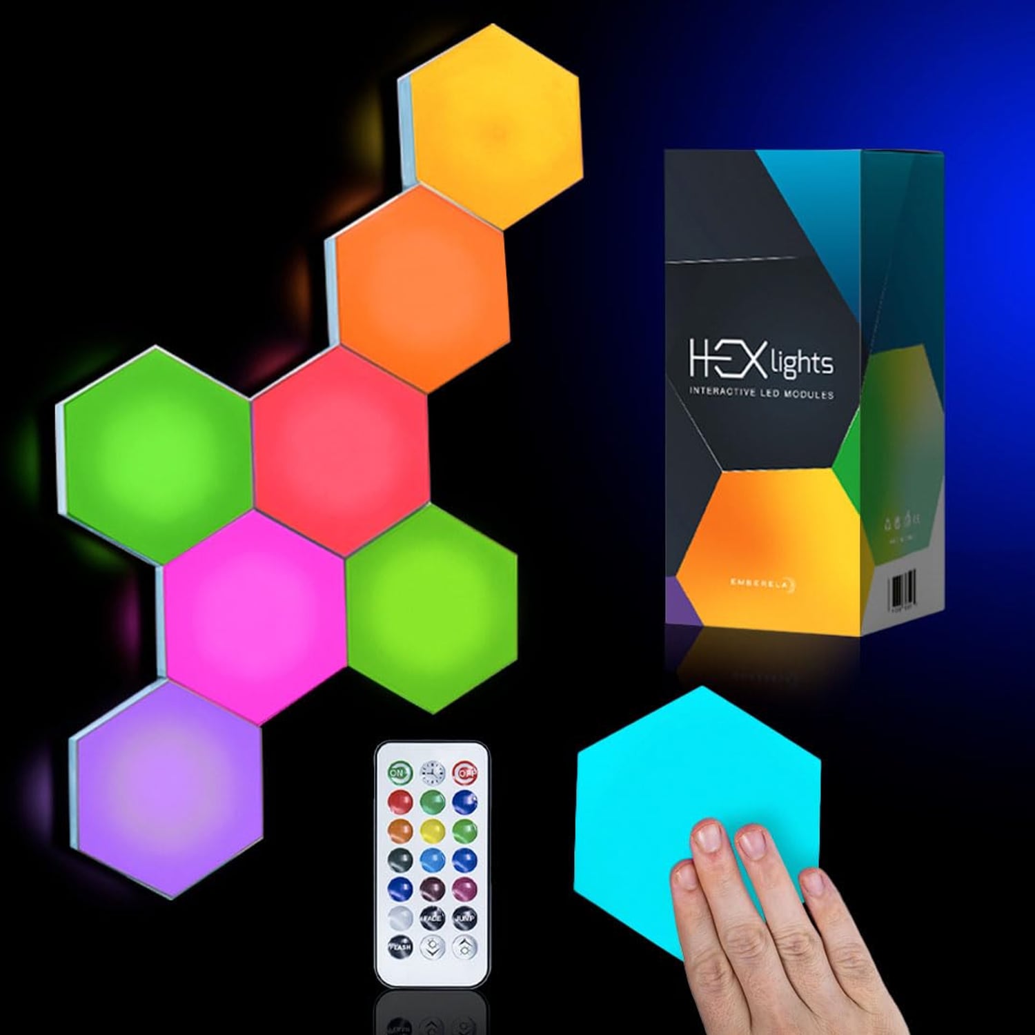 Emberela HEXlights Sensory Touch Hexagon Lights, 7 Pack, 13 colours hexagon light panel