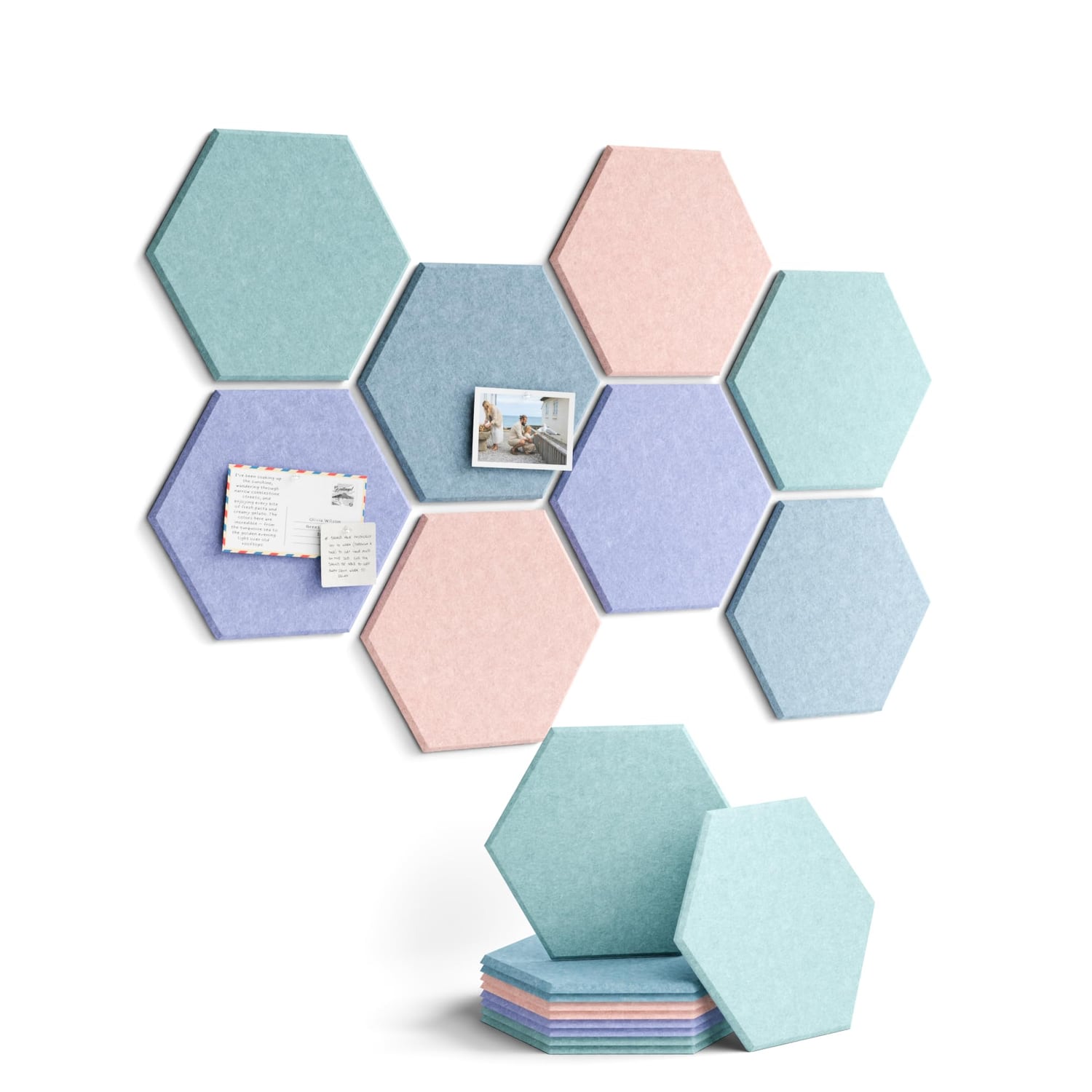 Fluxynara Hexagon Felt Pin Board, Coastal Haze, 8 Pack, coastal haze hexagon pin board tile
