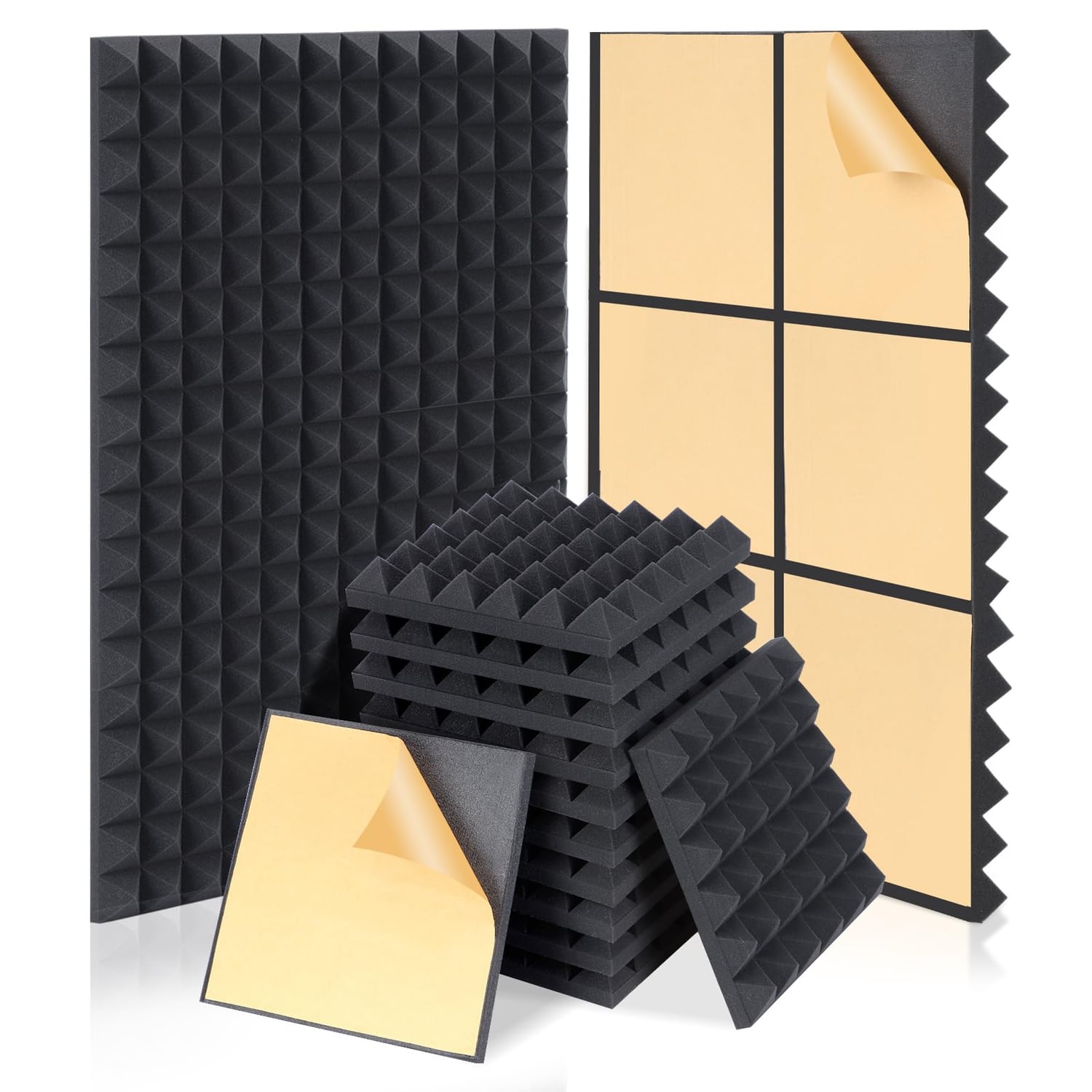HERTBER Acoustic Foam Panels, Black, 24 Pack, 30 x 30 x 5cm, black hexagon panel