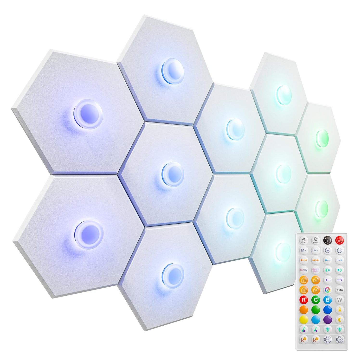 HYCHINS Hexagon Acoustic Panels with Rhythmic Lighting, White, 12 Pack, white hexagon panel