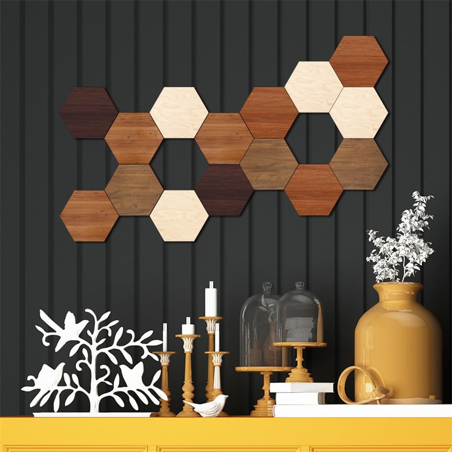 KimDaro Wooden 3D Hexagon Wall Stickers, Multi-Colour, 15 Pack, multi-colour wood tones hexagon panel