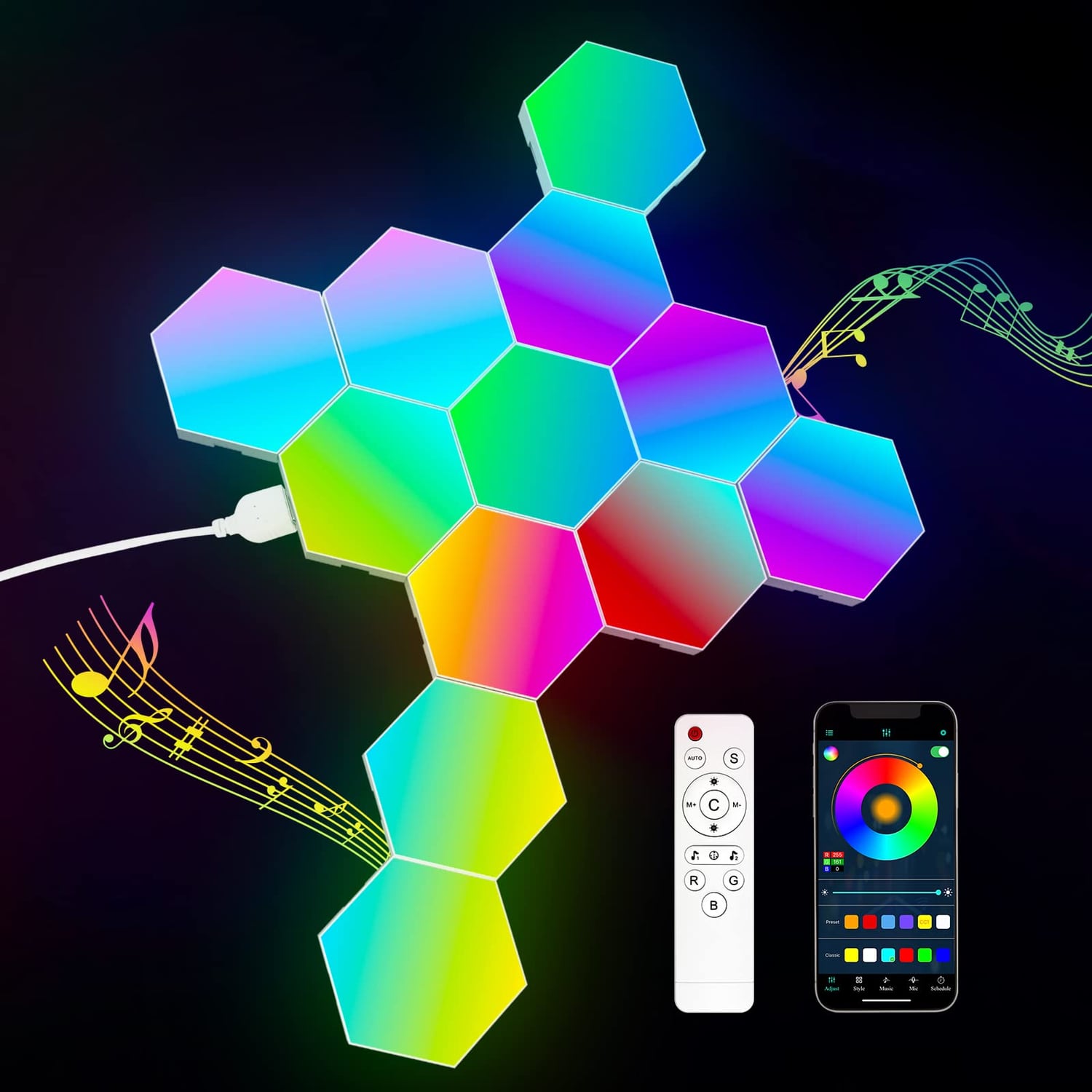 Kimimara Hexagon LED Gaming Lights, 12 Pack, rgb multicolour hexagon light panel