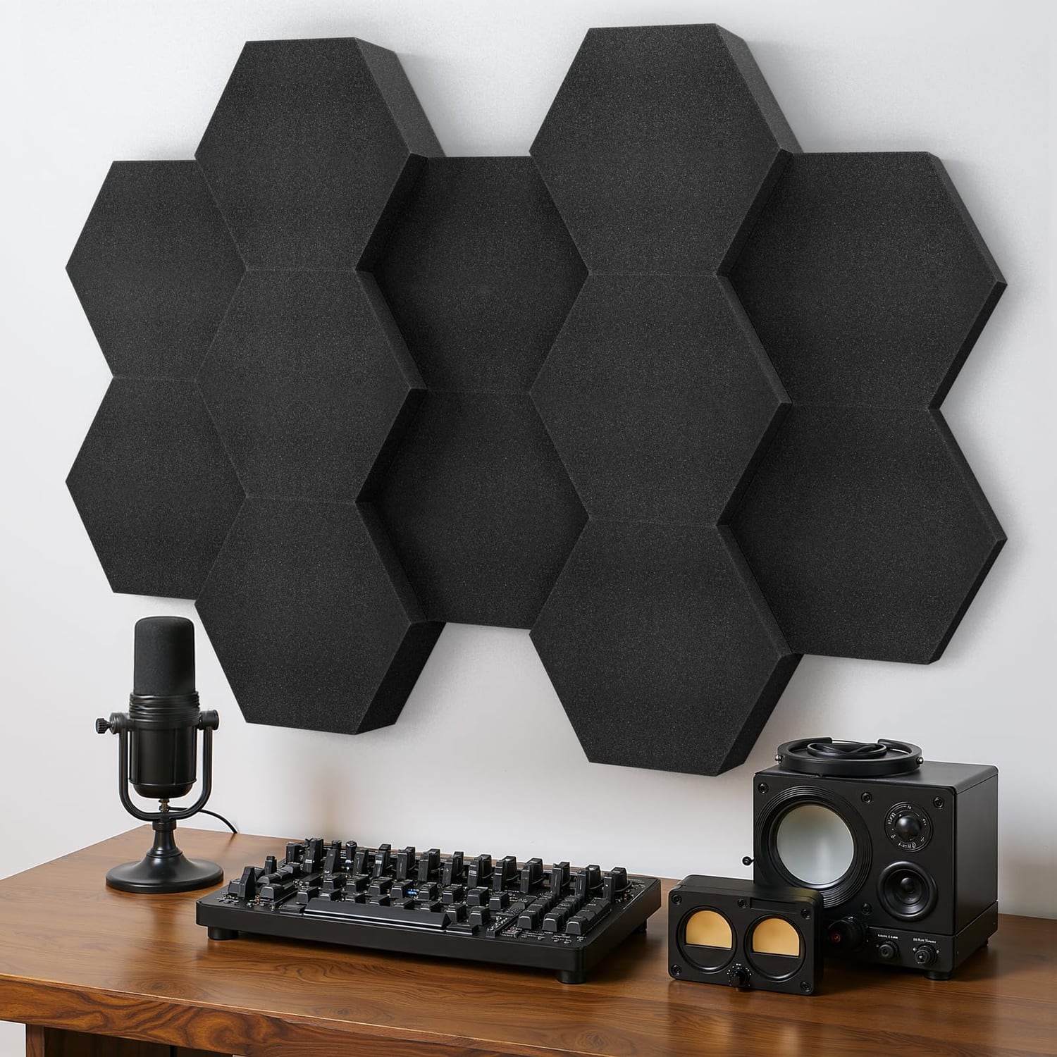 Kuchoow 3D Dual-Thickness Hexagon Acoustic Panels, Black, 12 Pack, black hexagon panel