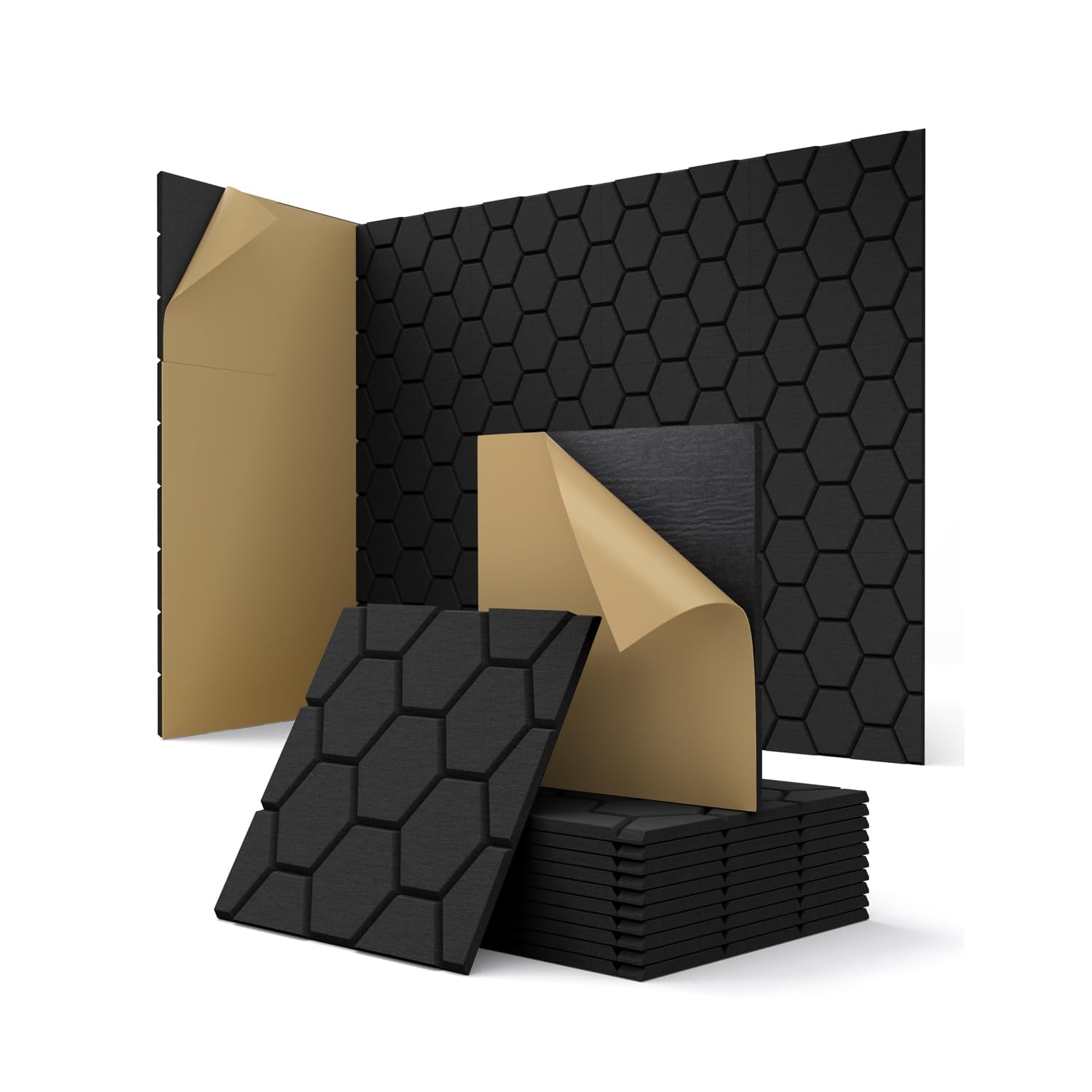 Kuchoow Honeycomb Hexagon Acoustic Panels, Black, 12 Pack, black (honeycomb groove) hexagon panel