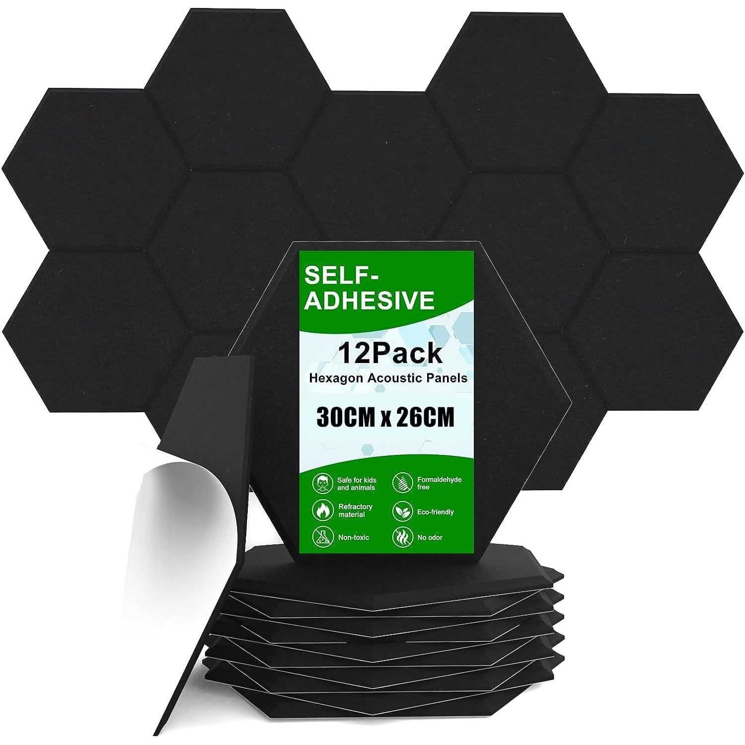 LATERN Hexagon Acoustic Panels, Black, 12 Pack, black hexagon panel