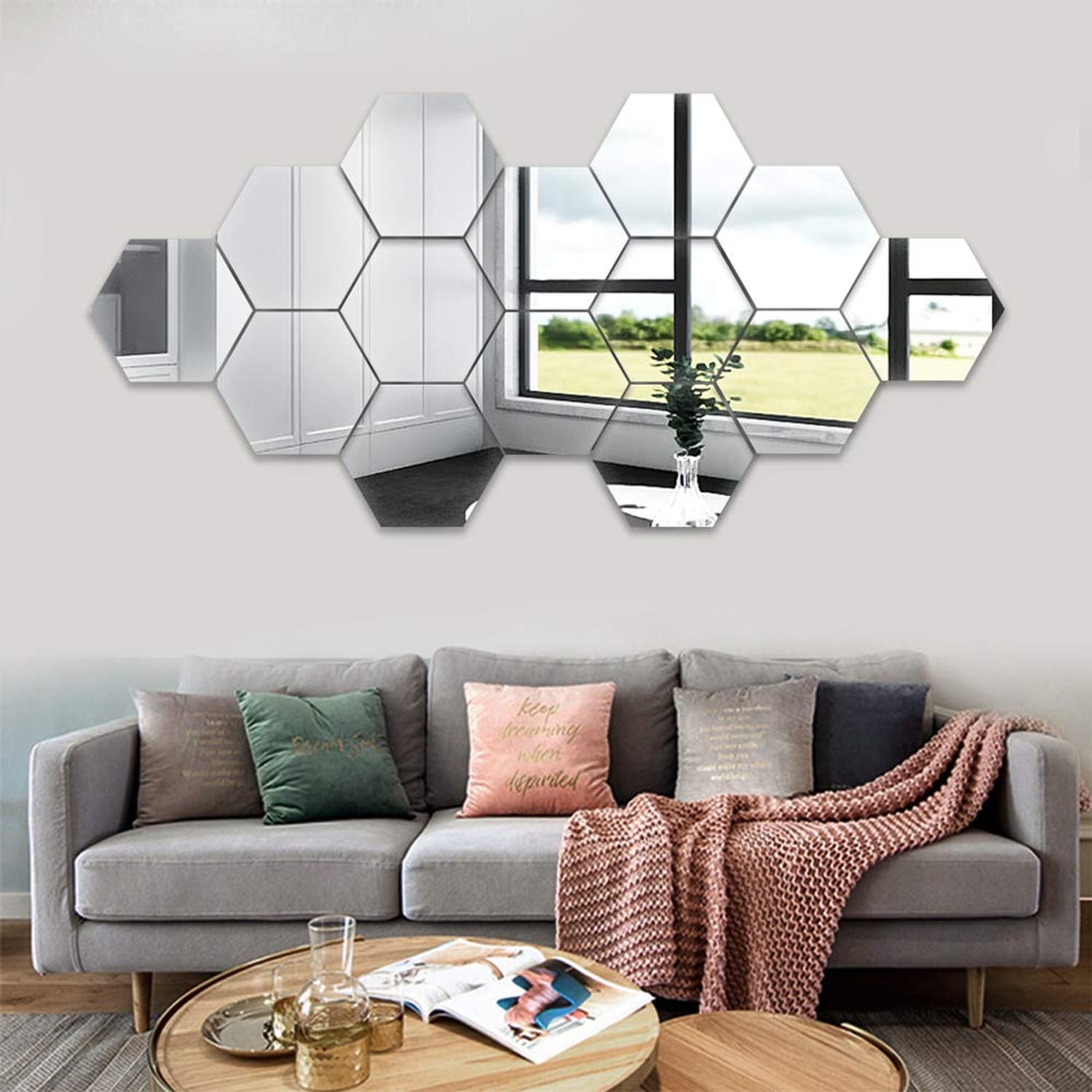 Lokiiz Large Hexagon Acrylic Mirror Wall Stickers, 14 Pack, mirror silver hexagon panel