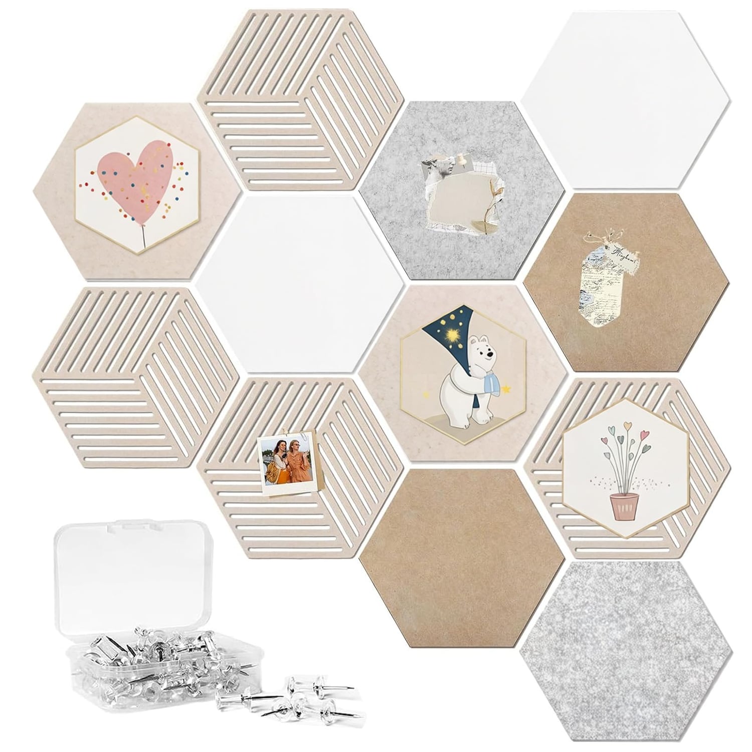 LZEXIN Hexagon Felt Pin Board, Combination Colour, 12 Pack, combination colour hexagon pin board tile