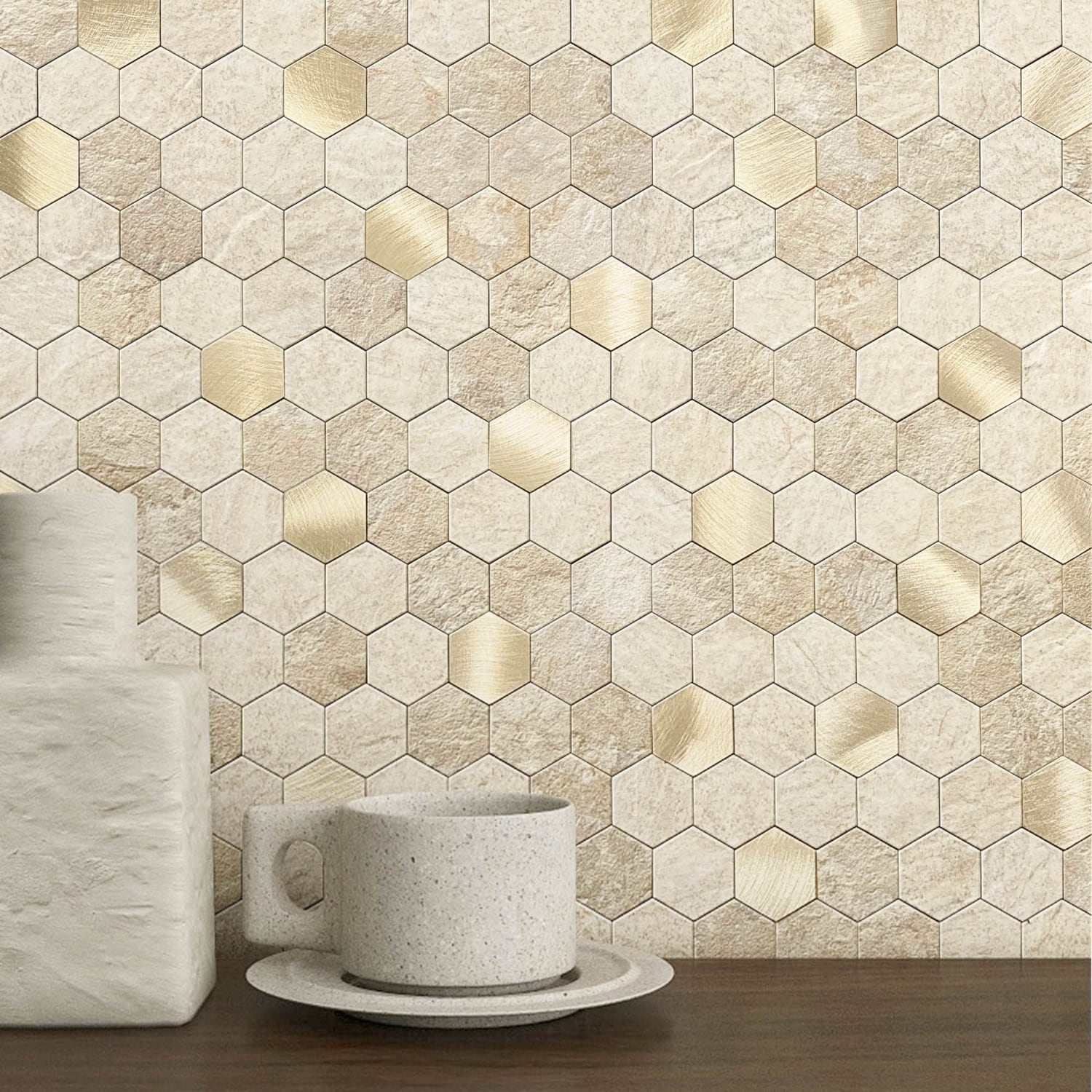M MOFIT Hexagon Marble-Effect Tile Stickers, Beige, 10 Pack, beige marble effect hexagon panel