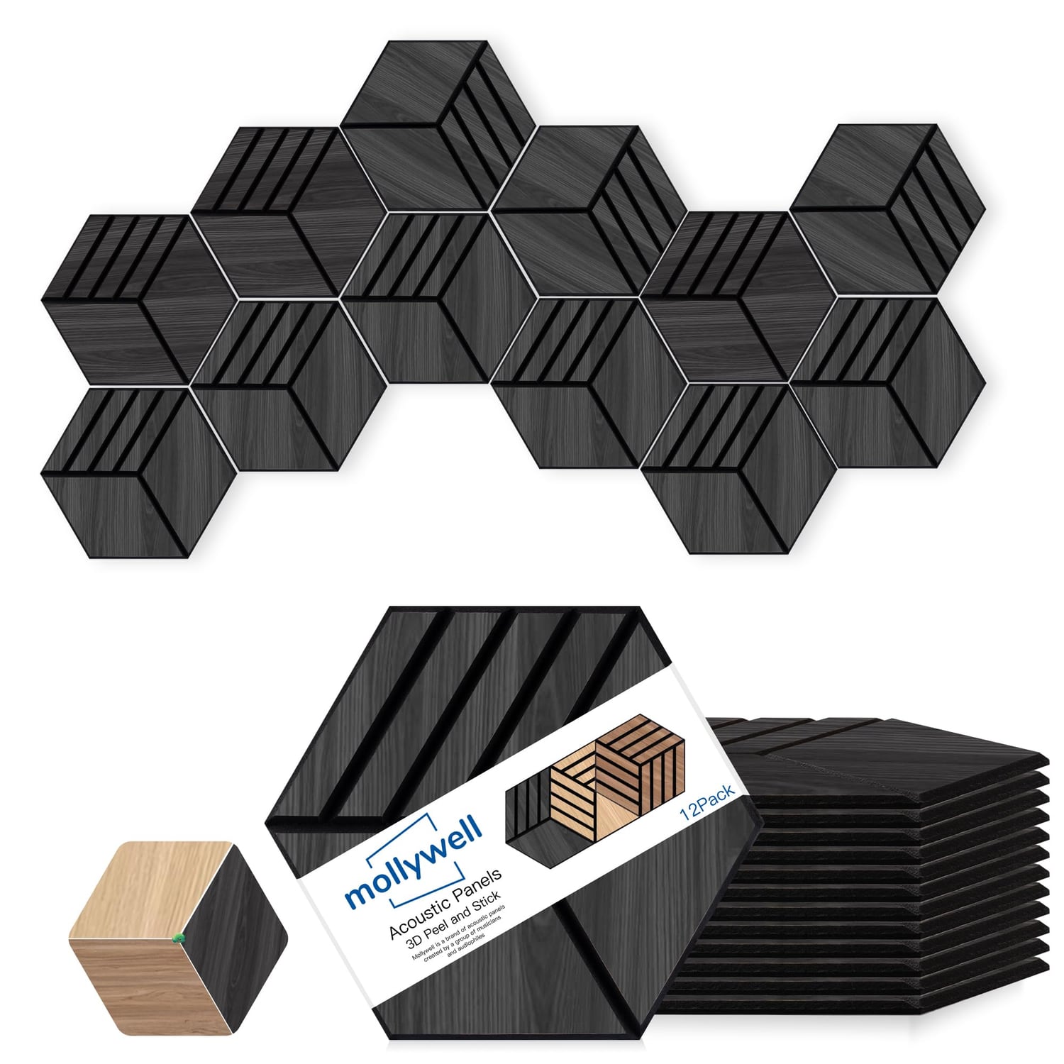 Mollywell Hexagon Acoustic Panels, Black Oak, 12 Pack, black oak (wood-look) hexagon panel