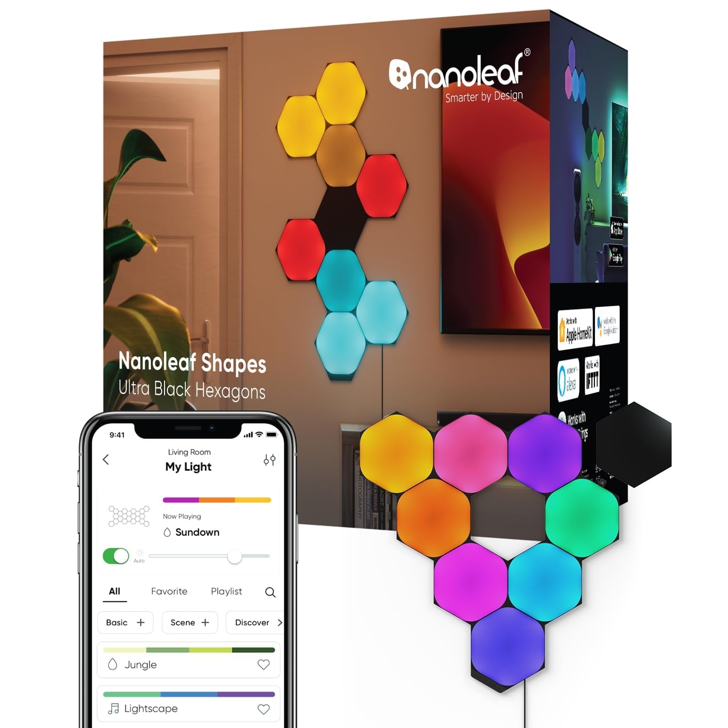 Nanoleaf Shapes Ultra Black Hexagon Starter Kit, 9 Panels, ultra black hexagon light panel