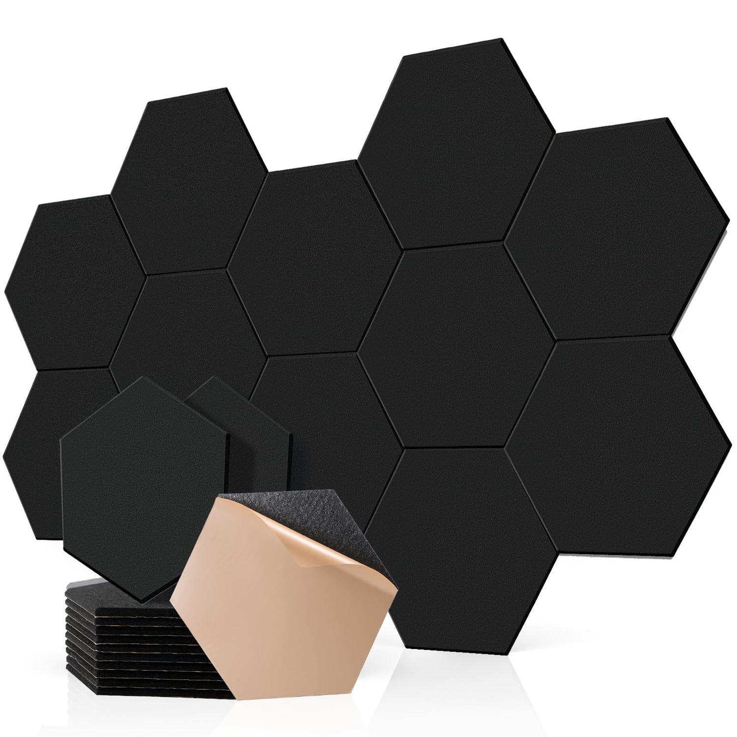 Pamatio Hexagon Acoustic Panels, Black, 24 Pack, black hexagon panel