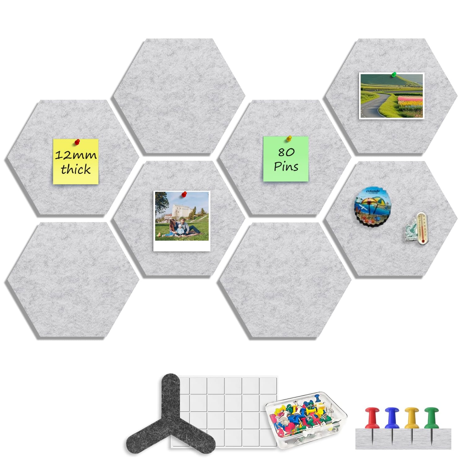 Sliandtelly Hexagon Felt Pin Board, Grey, 8 Pack, grey hexagon pin board tile
