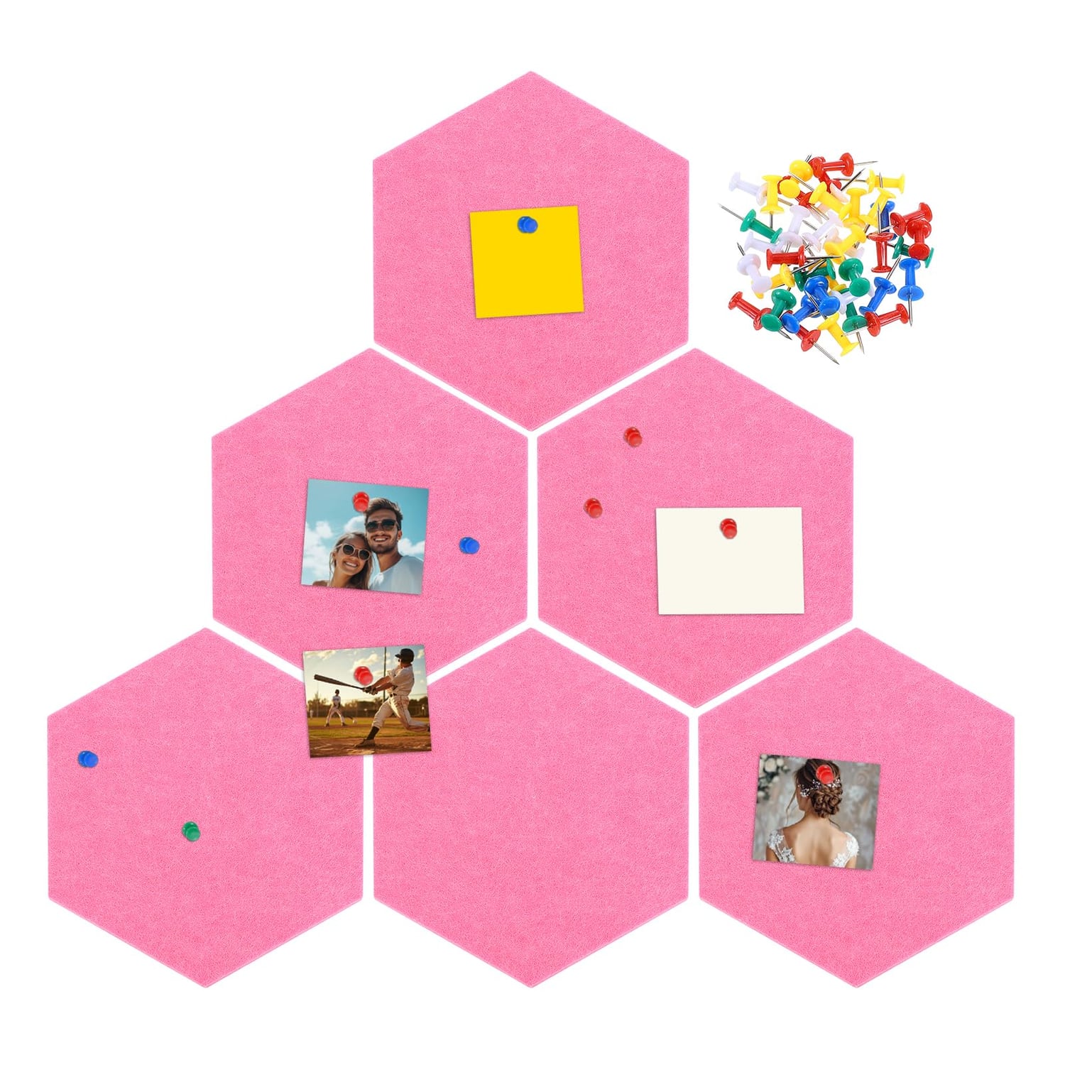 sourcing map Hexagon Felt Pin Board, Pink, 6 Pack, pink hexagon pin board tile