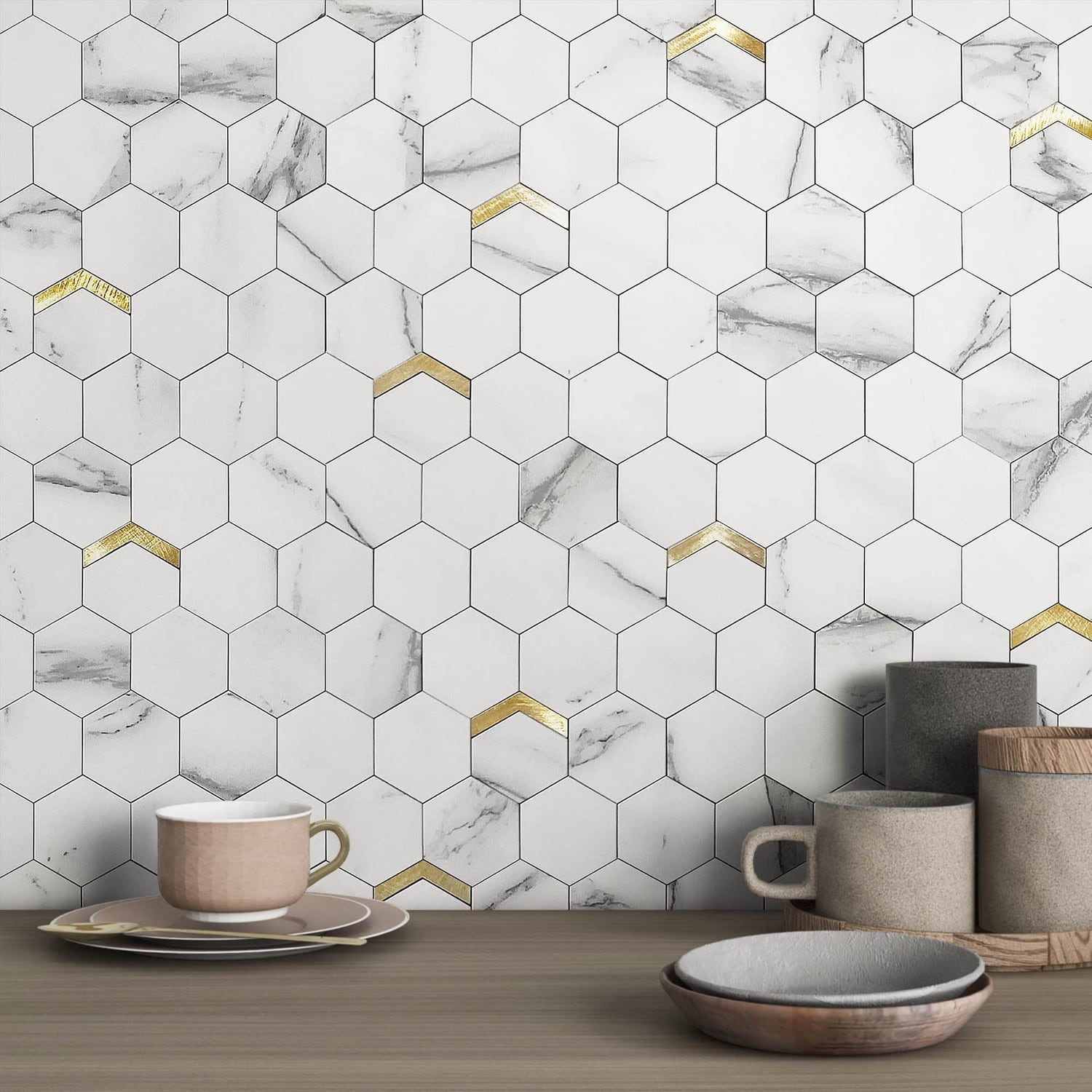 VAOVI Hexagon Marble Tile, White, 10 Pack, white marble hexagon panel