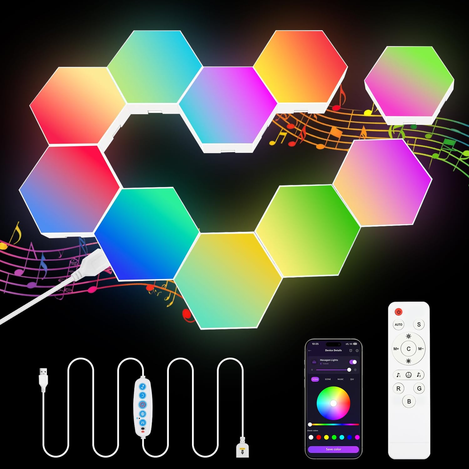 vsshe Hex Wall Light, Smart Hexagon LED Panels, 10 Pack, rgb multicolour hexagon light panel