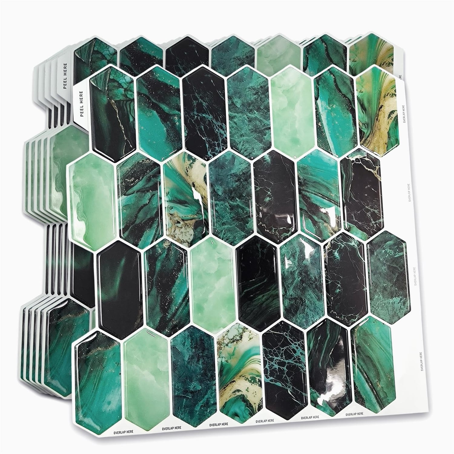 WALPLUS Green Hexagon Honeycomb Tile Stickers, 6 Pack, green hexagon panel