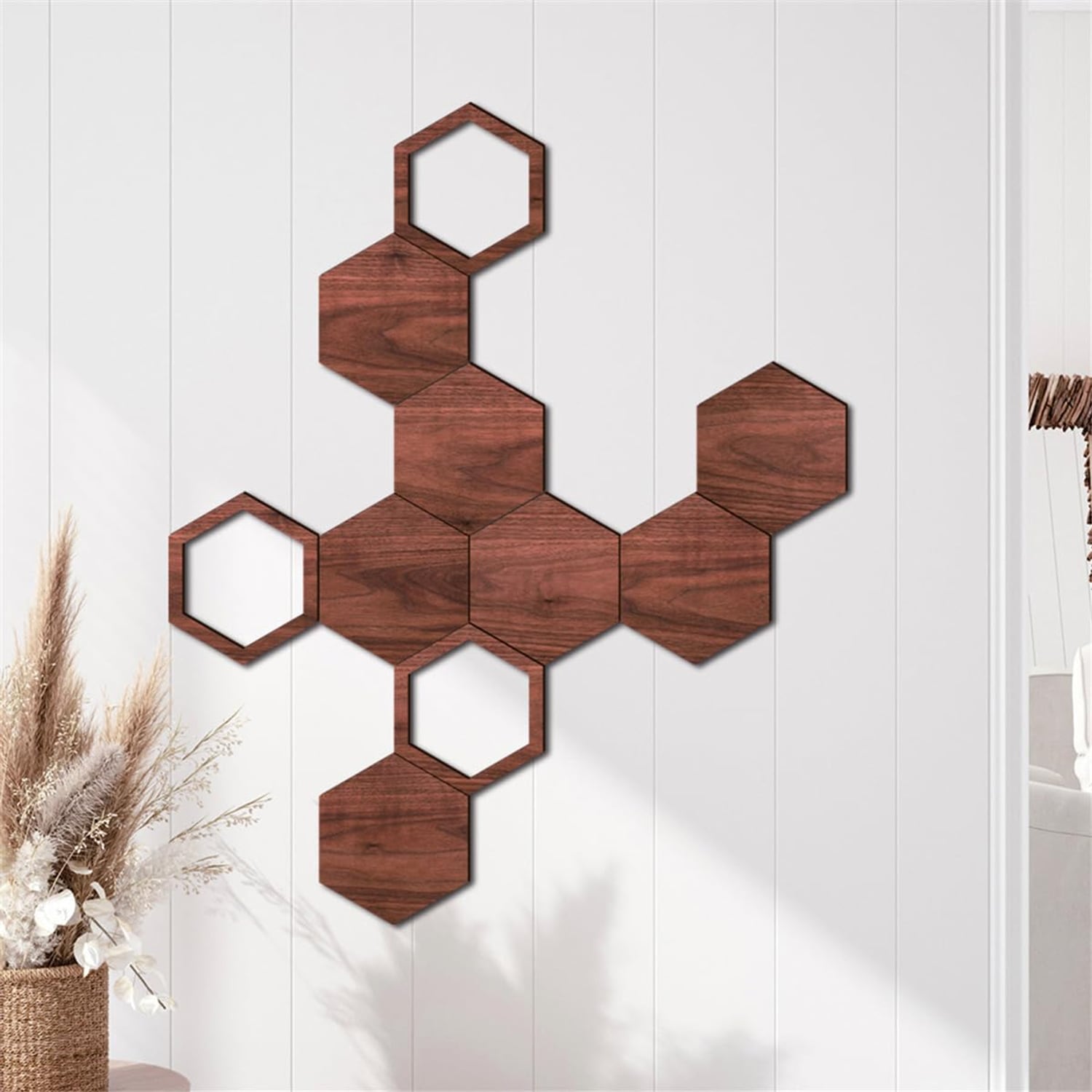 Xemz Hollow Hexagon Wooden Wall Stickers, 10 Pack, natural wood tones hexagon panel