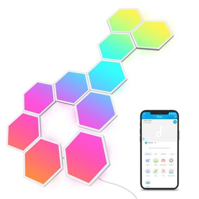 Govee Glide Hexa smart hexagon LED panels glowing in a rainbow gradient, controlled from the Govee phone app