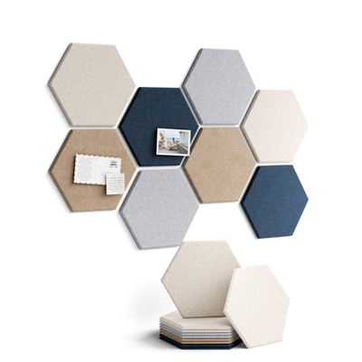 Fluxynara Nordic Slate hexagon felt pin board tiles arranged on a home office wall