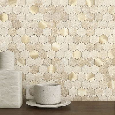 M MOFIT beige marble-effect hexagon tile stickers applied to a kitchen wall